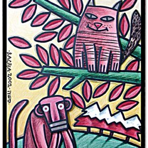 Singe et chat dans un arbre avec feuillage dense et texte intégré dans la composition