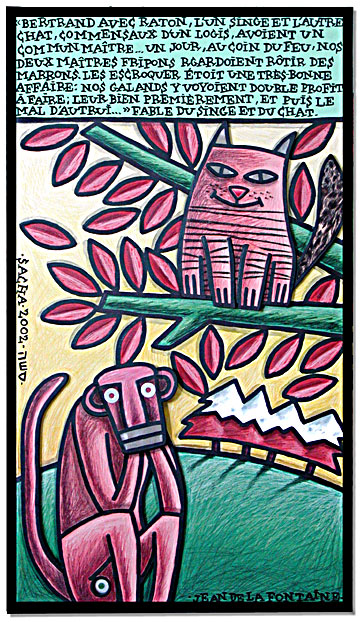 Singe et chat dans un arbre avec feuillage dense et texte intégré dans la composition