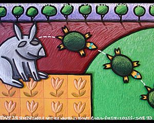 Animal stylisé observant plusieurs tortues dans un paysage graphique avec texte intégré