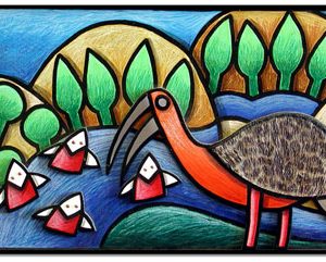 Oiseau pêcheur avec poissons stylisés dans un paysage aquatique coloré avec texte