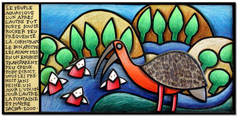 Oiseau pêcheur avec poissons stylisés dans un paysage aquatique coloré avec texte
