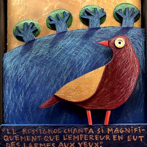 Oiseau stylisé avec texte narratif sur fond doré