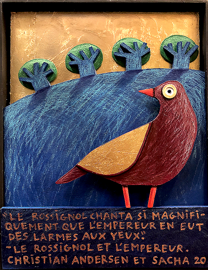 Oiseau stylisé avec texte narratif sur fond doré