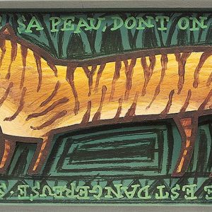 Tigre stylisé en bois découpé sur fond vert avec inscriptions manuscrites entourant la composition, série Boîtes