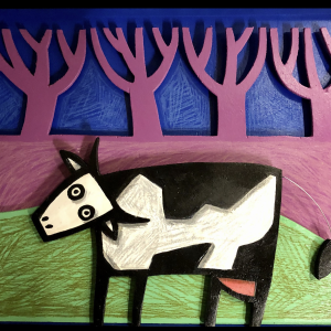 Vache dans un paysage violet