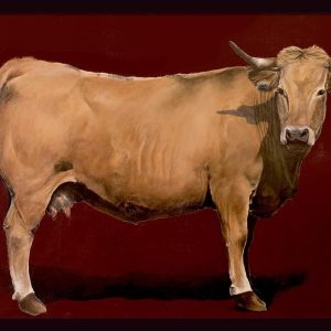 Peinture réaliste d’une vache ocre et blanche sur fond marron uni, acrylique sur bois, série Vache icône