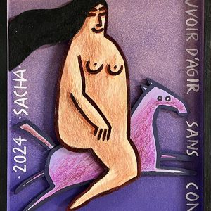 Composition figurative en bois découpé représentant une femme nue assise sur un cheval stylisé sur fond violet avec texte autour, série Boîtes