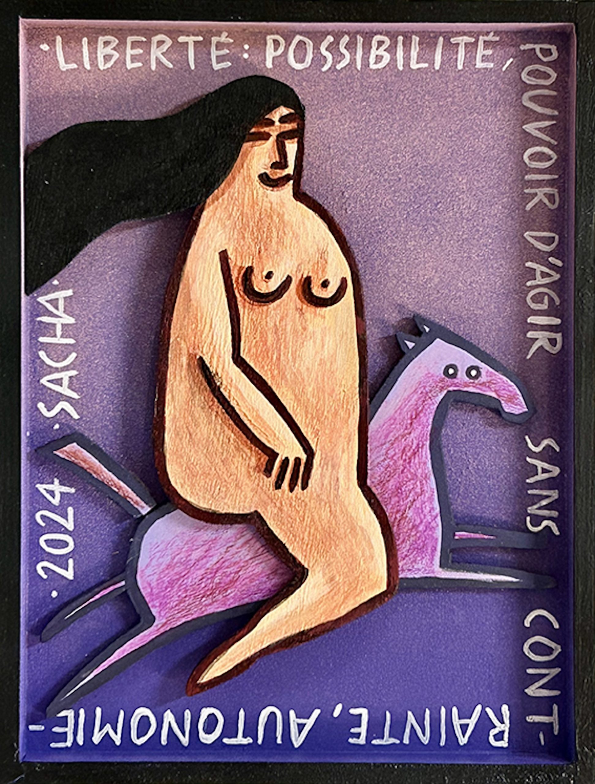 Composition figurative en bois découpé représentant une femme nue assise sur un cheval stylisé sur fond violet avec texte autour, série Boîtes