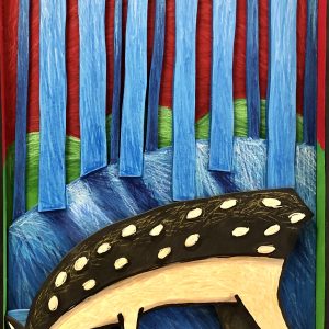 Animal stylisé dans une forêt de troncs bleus verticaux