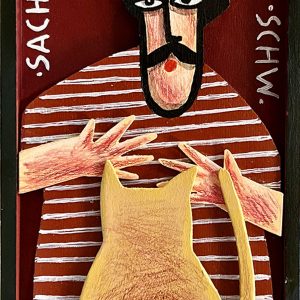 Personnage stylisé tenant un chat jaune en bois découpé sur fond rouge avec mots “chat” et “homme”