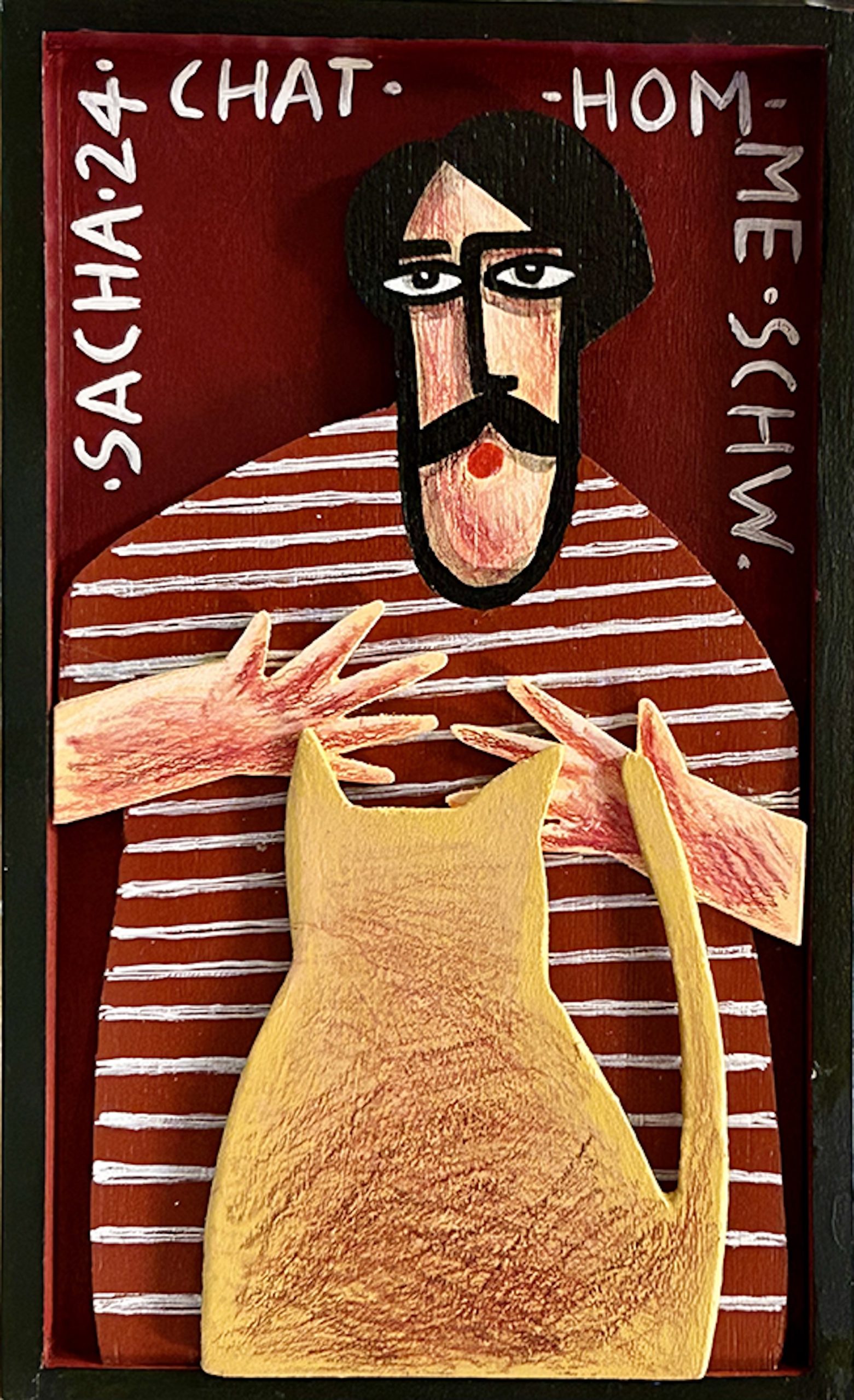 Personnage stylisé tenant un chat jaune en bois découpé sur fond rouge avec mots “chat” et “homme”