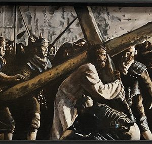 Scène du Christ portant la croix entouré de soldats, composition sombre