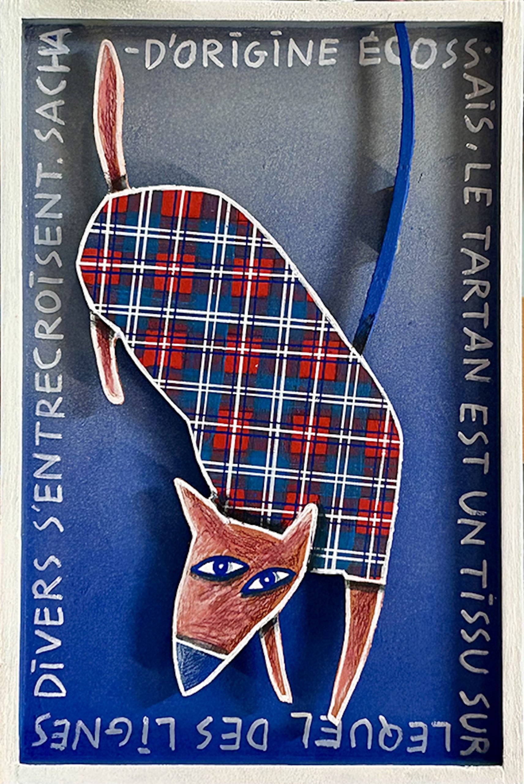 Chien stylisé en bois découpé avec motif tartan rouge et bleu sur fond bleu avec inscriptions, série Boîtes.