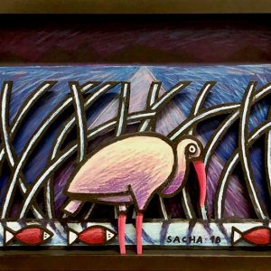 Diorama représentant une cigogne au bord de l’eau avec trois poissons stylisés, en acrylique sur bois