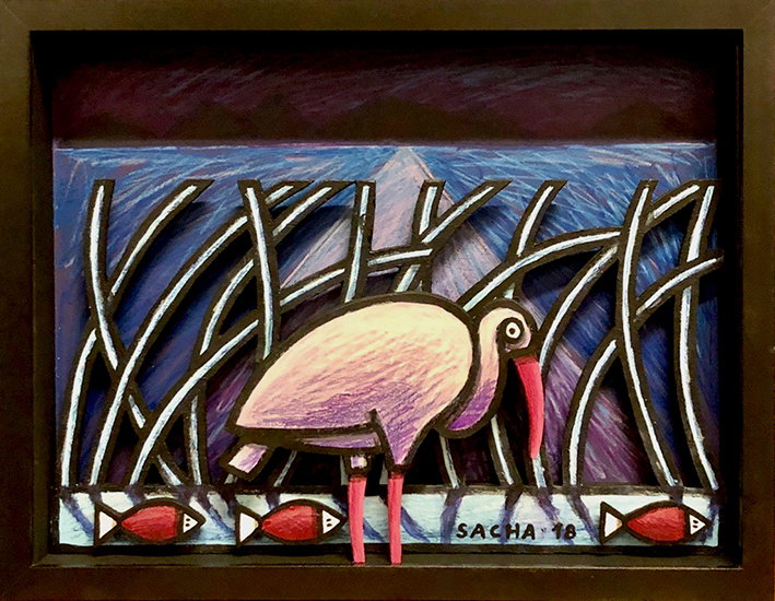 Diorama représentant une cigogne au bord de l’eau avec trois poissons stylisés, en acrylique sur bois