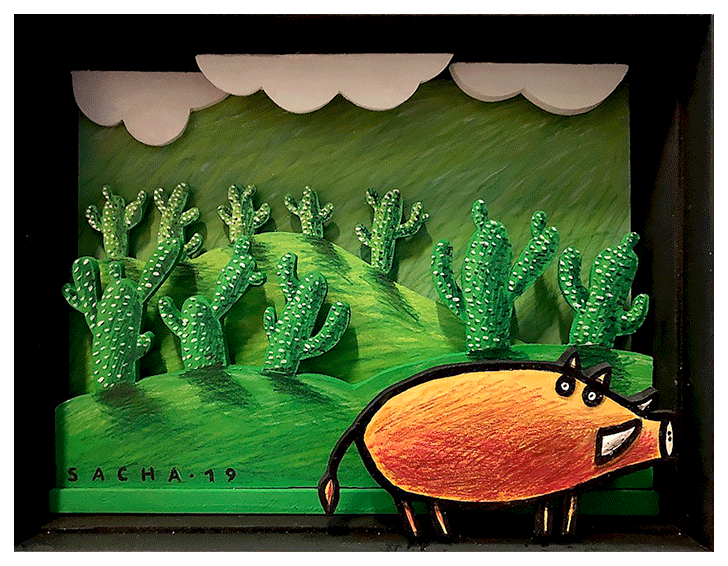 Diorama représentant un sanglier stylisé dans un paysage vert avec cactus graphiques et ciel nuageux, en acrylique sur bois