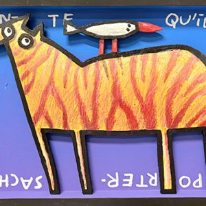 Cheval stylisé en bois découpé portant un oiseau sur le dos sur fond bleu avec inscriptions, série Boîtes.