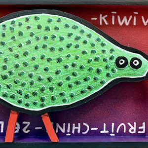 Oiseau kiwi stylisé vert en bois découpé avec bec rouge sur fond coloré avec texte, série Boîtes