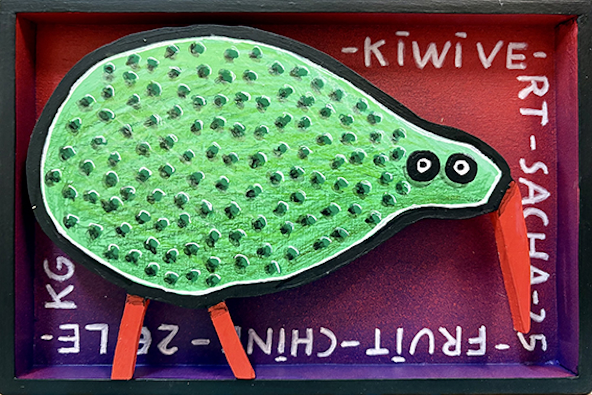Oiseau kiwi stylisé vert en bois découpé avec bec rouge sur fond coloré avec texte, série Boîtes