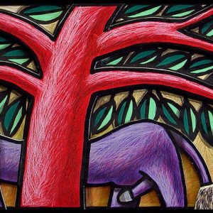 Lion stylisé sous un arbre rouge avec texte encadré à droite