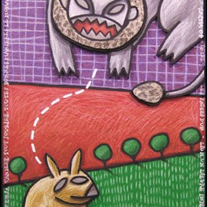 Lion et petit animal face à face dans un décor végétal avec texte intégré