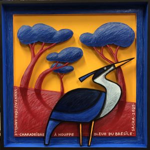 Oiseau stylisé dans un paysage coloré encadré