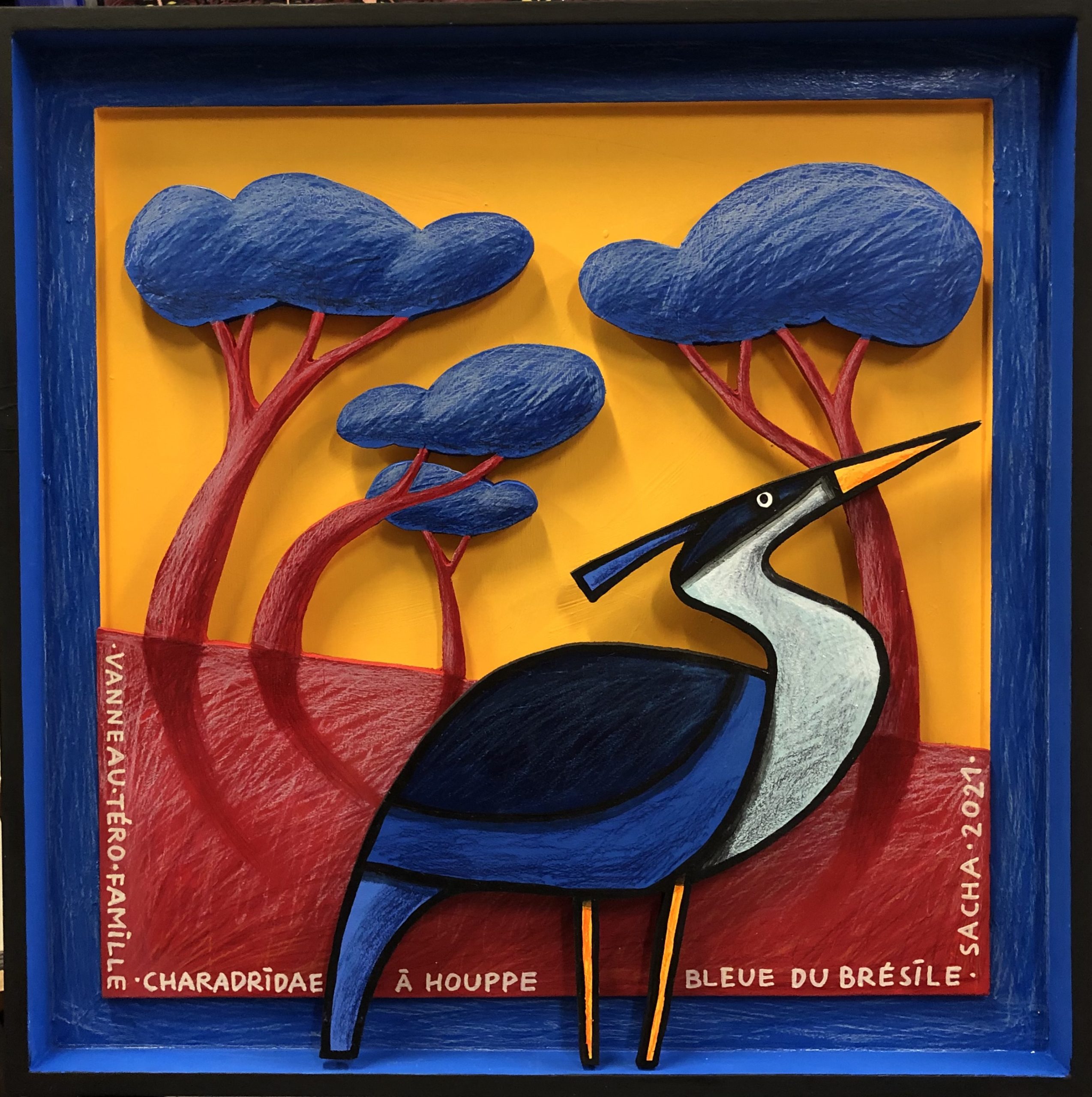 Oiseau stylisé dans un paysage coloré encadré