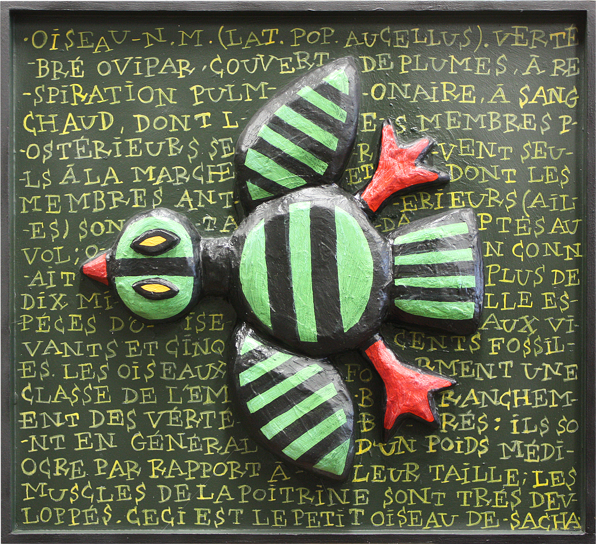Oiseau stylisé en relief sur fond textuel