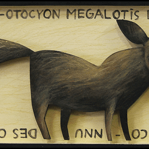 Animal stylisé proche d’un renard aux grandes oreilles en bois découpé, sur fond beige avec inscriptions manuscrites, série Boîtes