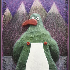 Pingouin stylisé en relief devant montagnes