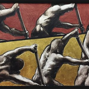 Rameurs en mouvement sur fond feuille d’or et bas ocre