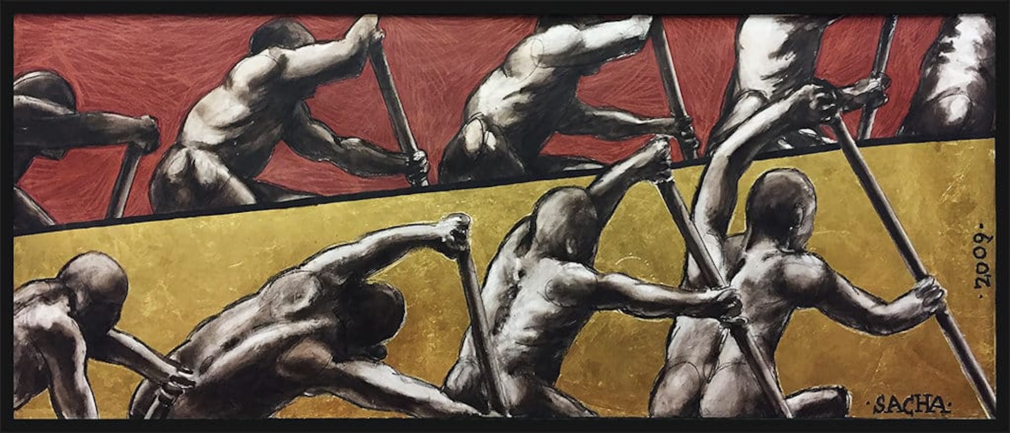 Rameurs en mouvement sur fond feuille d’or et bas ocre