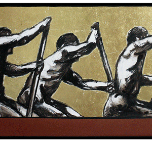 Frise de rameurs en mouvement sur fond ocre avec inscriptions textuelles