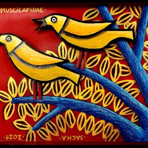 Deux oiseaux jaunes stylisés sur branches bleues
