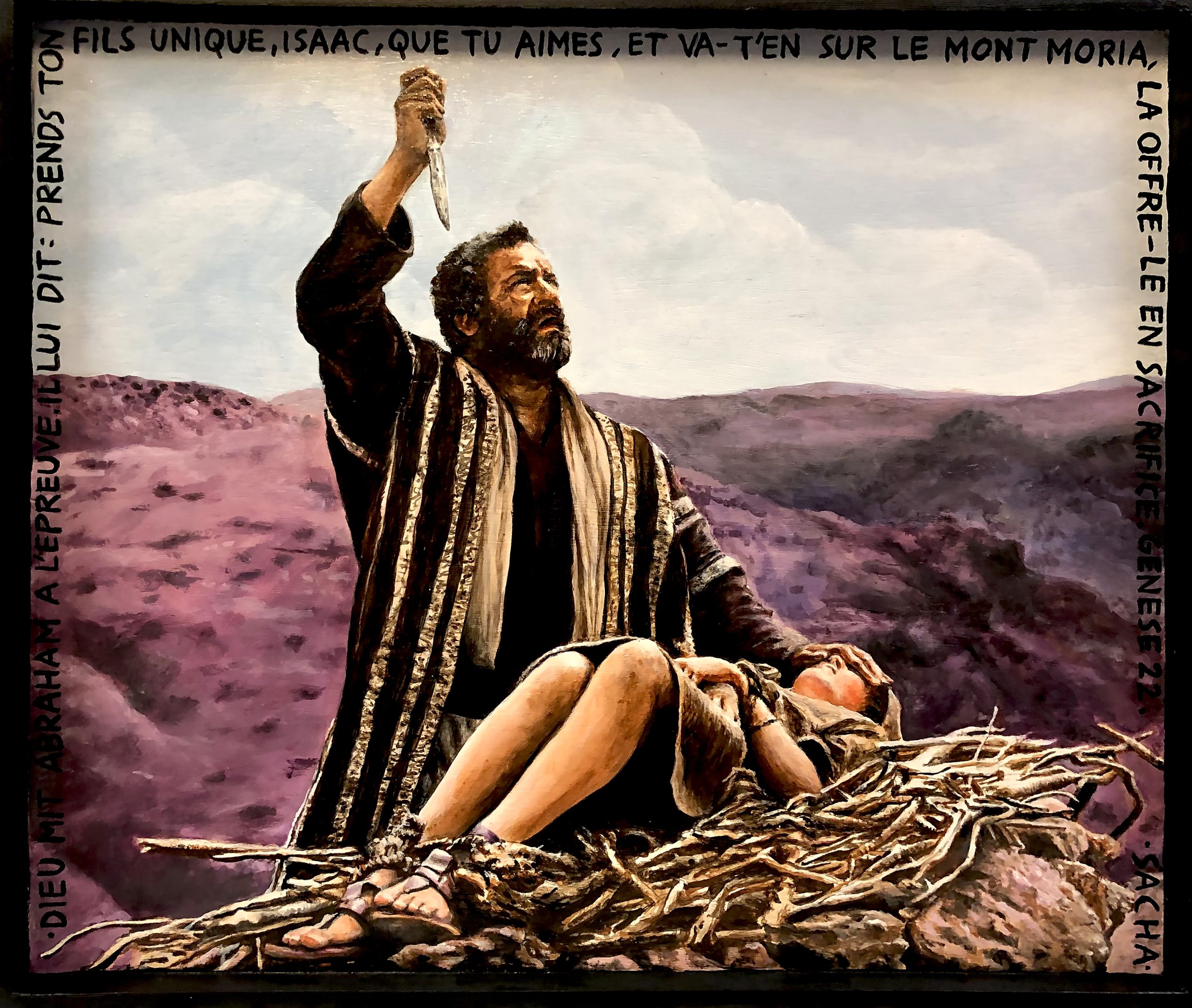 Abraham levant un couteau au-dessus d’Isaac allongé sur un autel