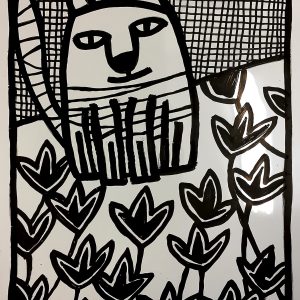 sérigraphie chat fleurs illustration graphique noir blanc