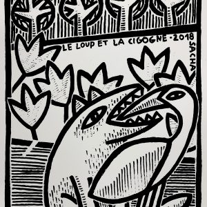 sérigraphie loup cigogne fable illustration noir blanc graphique
