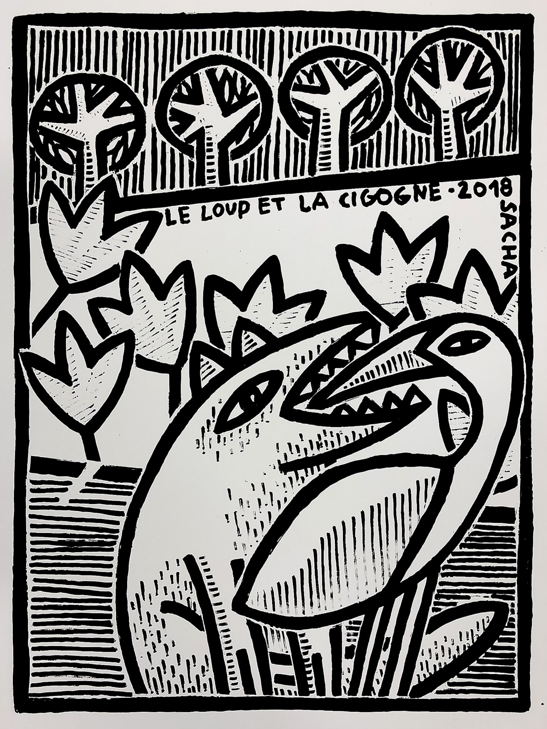 sérigraphie loup cigogne fable illustration noir blanc graphique
