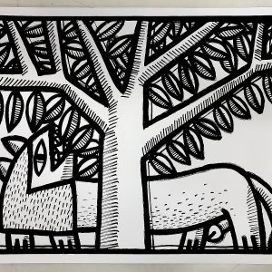 sérigraphie lion arbre paysage graphique noir blanc illustration