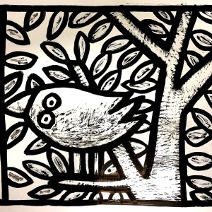 sérigraphie oiseau arbre feuillage noir blanc illustration graphique