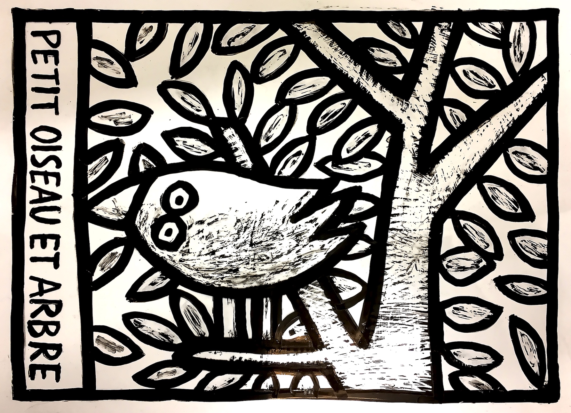 sérigraphie oiseau arbre feuillage noir blanc illustration graphique