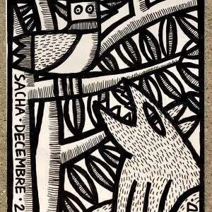 sérigraphie renard poule arbre noir blanc illustration animalière