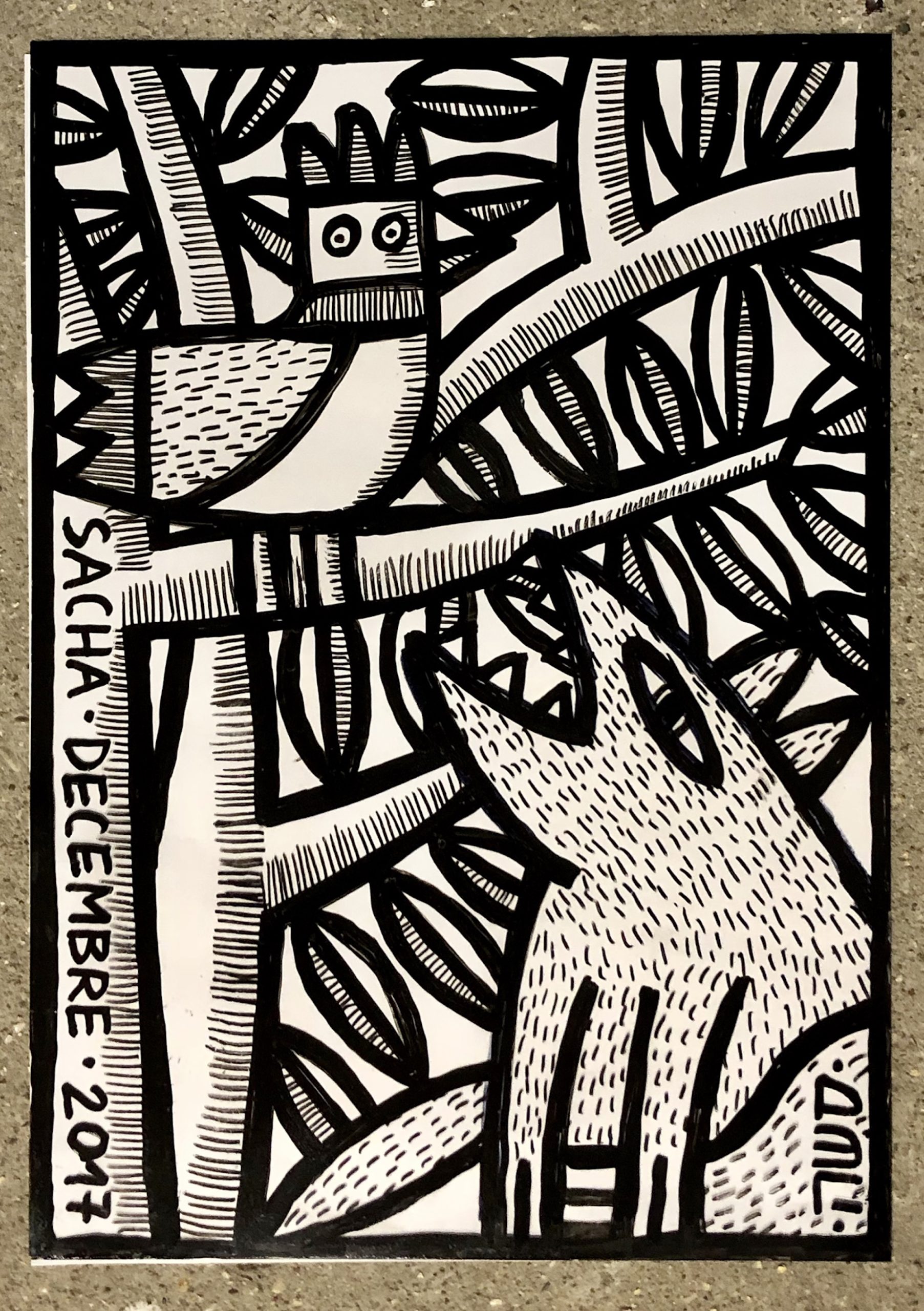 sérigraphie renard poule arbre noir blanc illustration animalière