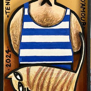 Figure masculine en marinière tenant un animal stylisé, sur fond jaune avec inscription autour de la composition, série Boîtes