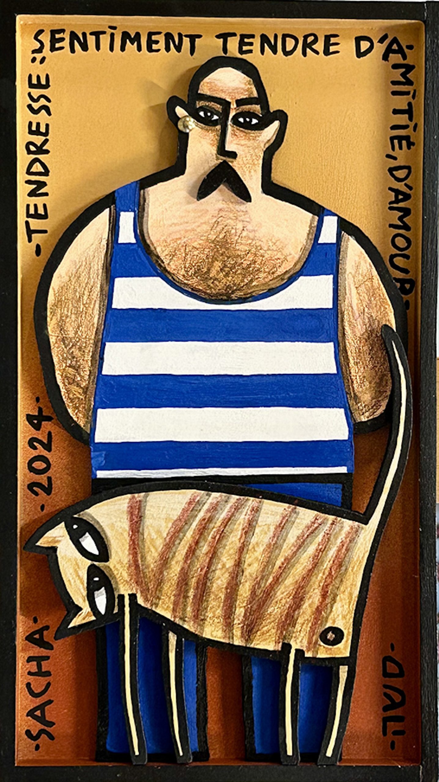 Figure masculine en marinière tenant un animal stylisé, sur fond jaune avec inscription autour de la composition, série Boîtes