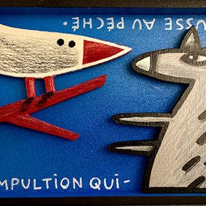 loup stylisé face à un oiseau posé sur une branche en bois découpé sur fond bleu avec texte, série Boîtes