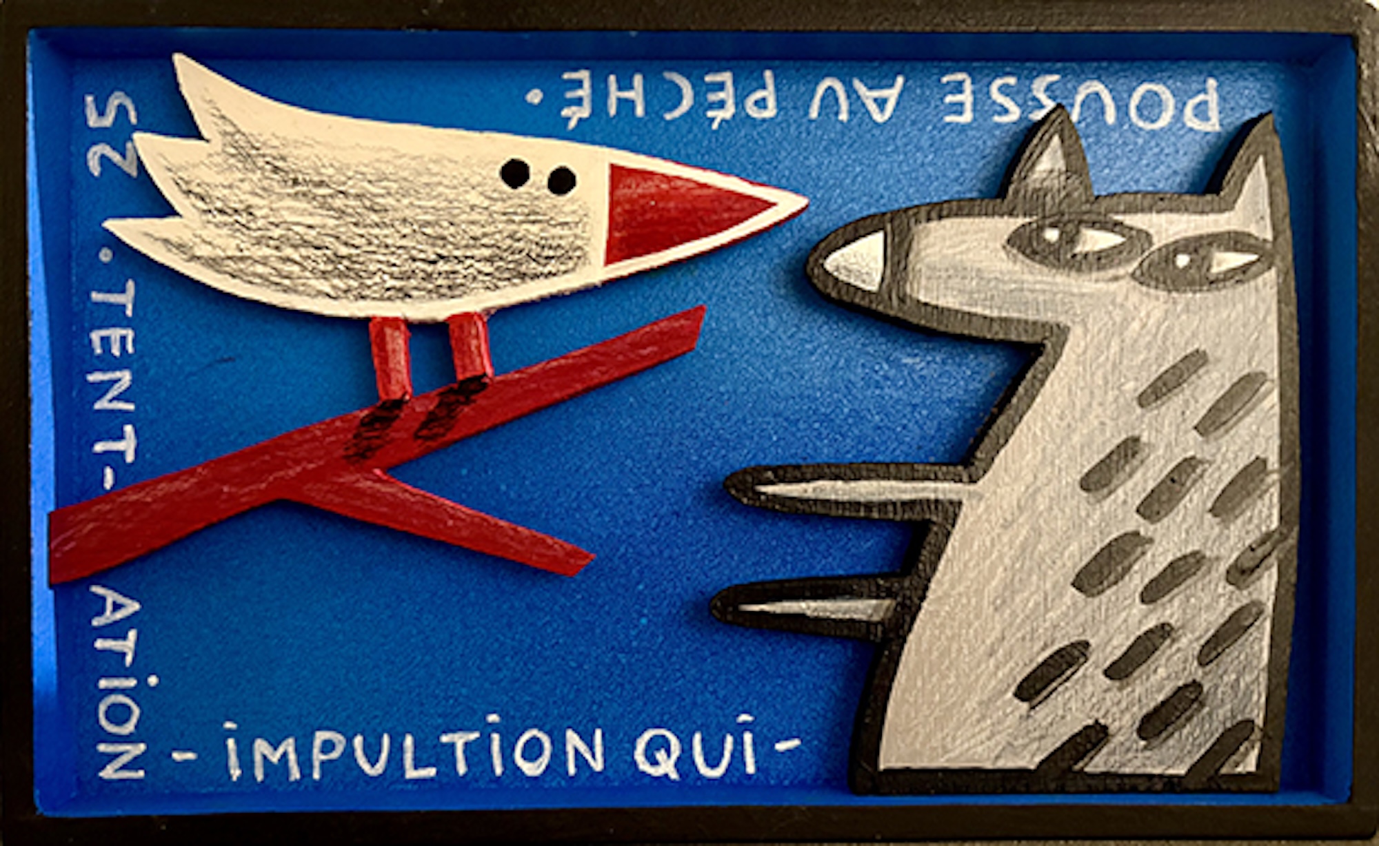 loup stylisé face à un oiseau posé sur une branche en bois découpé sur fond bleu avec texte, série Boîtes