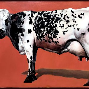 Peinture réaliste d’une vache noire et blanche sur fond orange uni, acrylique sur bois, série Vache icône