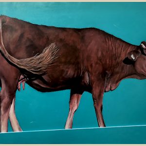 Peinture réaliste d’une vache brune sur fond turquoise uni, acrylique sur bois, série Vache icône