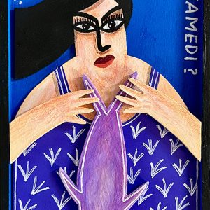 Figure féminine tenant un poisson stylisé violet sur fond bleu avec inscription “Vendredi c’est poisson”, série Boîtes